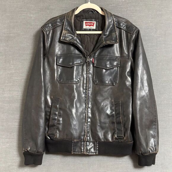 Levis Jacket Small Brown Faux‎ Leather Aviator Bomber Moto Biker Quilt Lined - Picture 1 of 14
